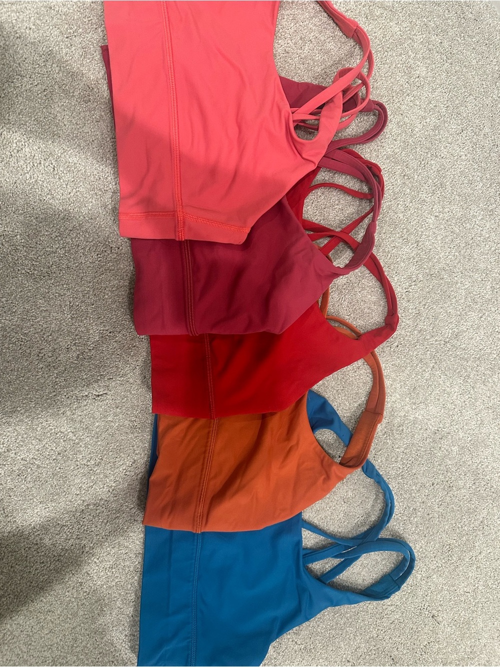 Lot of 5 lululemon longline energy bras- Coral, Berry, Red, Orange, Blue